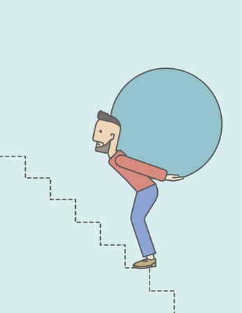 A tired caucasian hipster businessman with beard in carrying a big ball going up to reach the goal. Vector line design illustration. Vertical layout with a text space.のイラスト素材