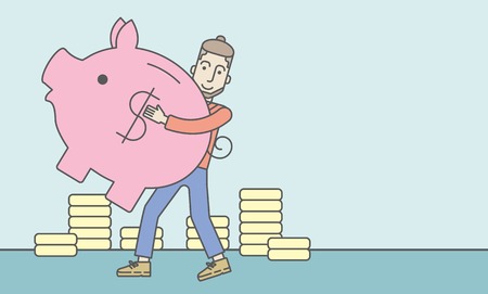 A caucasian hipster man with beard holding a piggy bank. Vector line design illustration. Horizontal layout with a text space.のイラスト素材