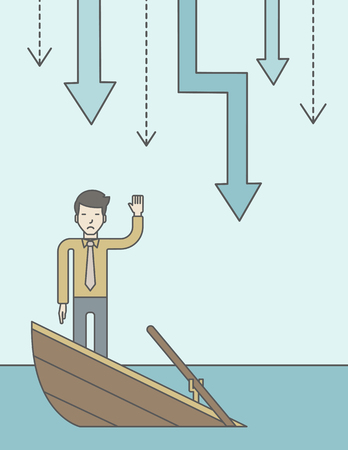 A scared asian businessman standing on a sinking boat asking for help with arrows pointing down behind his back. Bankruptcy concept. Vector line design illustration. Vertical layout with a text space.のイラスト素材