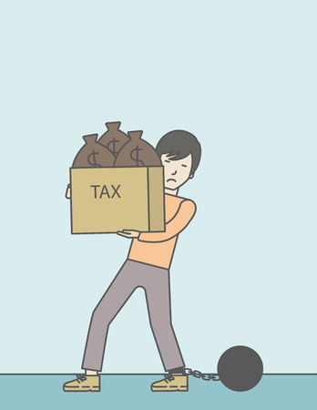 Chained to a large ball asian businessman carrying heavy box with bags full of taxes. Vector line design illustration. Vertical layout with a text space.のイラスト素材