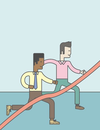 Two happy businessmen running through finishing line.  Rivalry concept. Vector line design illustration. Vertical layout with a text space.のイラスト素材