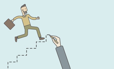 Cheerful caucasian hipster businessman with briefcase running up the stairs hand-painted. Vector line design illustration. Horizontal layout with a text space.のイラスト素材