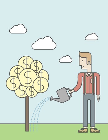Man taking care of finances watering a money tree. Successful business concept. Vector line design illustration. Vertical layout with a text space.のイラスト素材