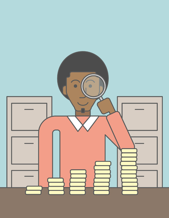 A african-american man holding magnifier and looking at stacks of golden coins. Vector line design illustration. Vertical layout with a text space.のイラスト素材