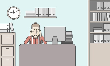 Tired caucasian employee with beard sitting at the table in office. Vector line design illustration. Horizontal layout with a text space.のイラスト素材