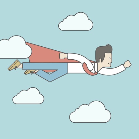 An asian businessman flying in superhero style. Vector line design illustration. Square layout.のイラスト素材