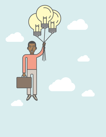 A black businessman flying with balloons made of light bulbs. Business idea concept. Vector line design illustration. Vertical layout with a text space.のイラスト素材