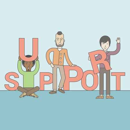 Three businessmen holding letters that make up word of support. Teamwork concept. Vector line design illustration. Square layout.のイラスト素材