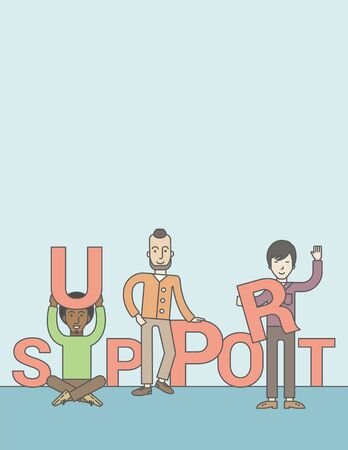 Three businessmen holding letters that make up word of support. Teamwork concept. Vector line design illustration. Vertical layout with a text space.のイラスト素材