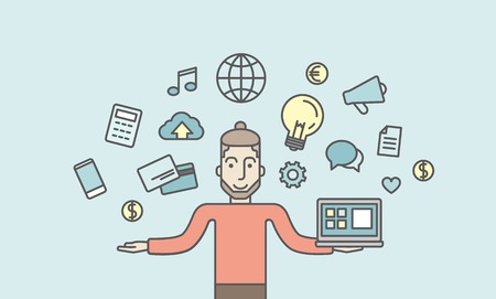 A caucasian hipster man holding a laptop. Social media concept. Vector line design illustration. Horizontal layout with a text space.のイラスト素材