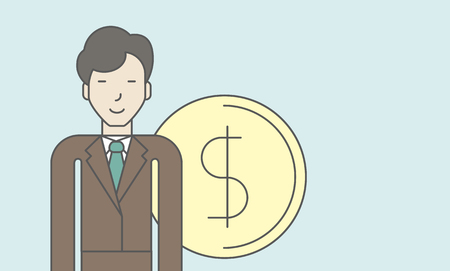 An asian businessman standing with dollar coin beside him. Successful business concept. Vector line design illustration. Horisontal layout with a text space.のイラスト素材