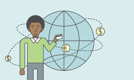 A black man holding credit card stands near money coins flying around the globe. Ecommerce business concept. Vector line design illustration. Horizontal layout with a text space.のイラスト素材
