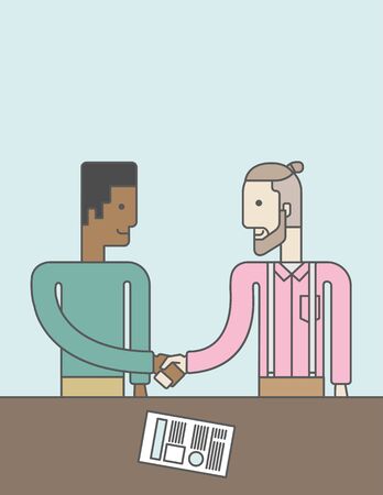 Two men standing facing each other handshaking for the successful business deal. Business partnership concept. Vector line design illustration. Vertical layout with a text space.のイラスト素材