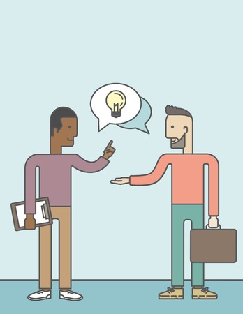 Two happy men facing each other sharing ideas with speech bubble on the top of their heads. Business partnership concept. Vector line design illustration. Vertical layout with a text space.のイラスト素材