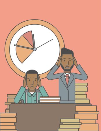 Two scared businessman holding their heads at the office and clock behind. Deadline concept. Vector line design illustration. Vertical layout with a text space.のイラスト素材