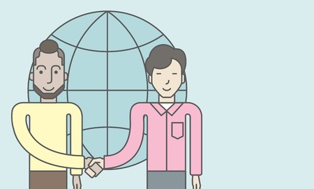 Two men standing and handshaking for the successful business deal on the globe background. Business partnership concept. Vector line design illustration. Horizontal layout with a text space.のイラスト素材
