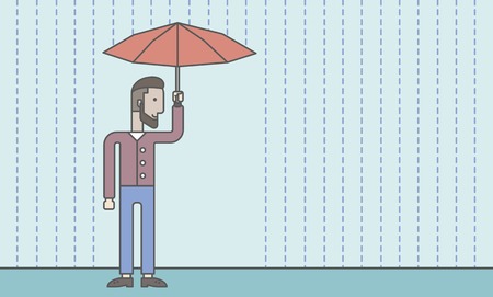A businessman with beard standing in the rain and holding an umbrella. Security concept. Vector line design illustration. Horizontal layout with a text space.のイラスト素材