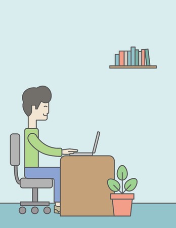 An asian businessman sitting in the office and working on the laptop. Successful business concept. Vector line design illustration. Vertical layout with a text space.のイラスト素材