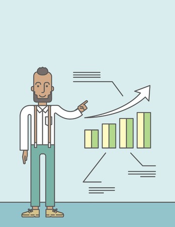 The man with a beard presenting his report through infographic. Reporting concept. Vector line design illustration. Vertical layout with a text space.のイラスト素材