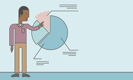 A black man presenting his report through diagram. Reporting concept. Vector line design illustration. Horizontal layout with a text space.のイラスト素材