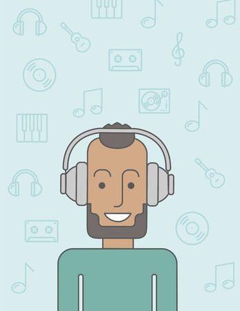 Happy black man listening to music with headphone. Vector line design illustration. Vertical layout with a text space.のイラスト素材
