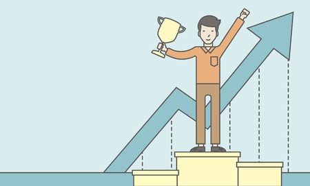 An asian businessman standing on the winning podium with trophy and arrow pointing upward as his success. Cheerful winner and leader concept. Vector line design illustration. Horizontal layout with a text space.のイラスト素材