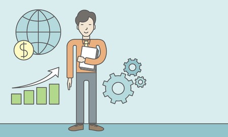 An asian businessman standing beside growing chart. Successful business concept. Vector line design illustration. Horizontal layout with a text space.のイラスト素材