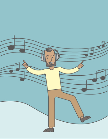 Happy black man dancing and listening to music with headphone. Vector line design illustration. Vertical layout with a text space.のイラスト素材