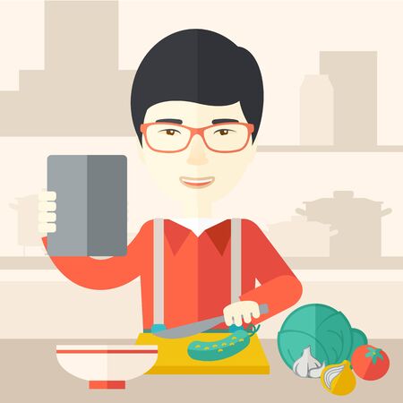 An asian man holding a digital tablet and cutting vegetables vector flat design illustration. Cooking technology concept. Square layout.