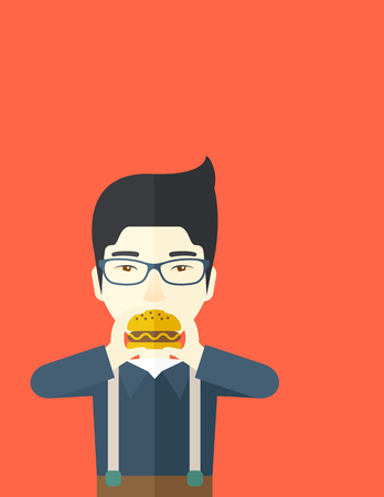 A happy asian man wearing glasses eating hamburger vector flat design illustration. Vertical poster layout with a text space.のイラスト素材