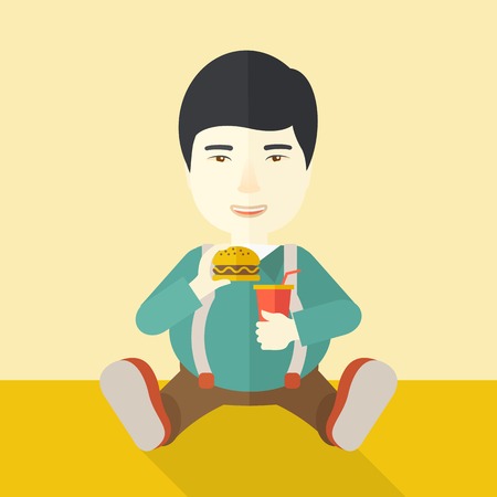 An asian fat man sitting on the floor while eating hamburger and drinking soda vector flat design illustration. Square layout.のイラスト素材