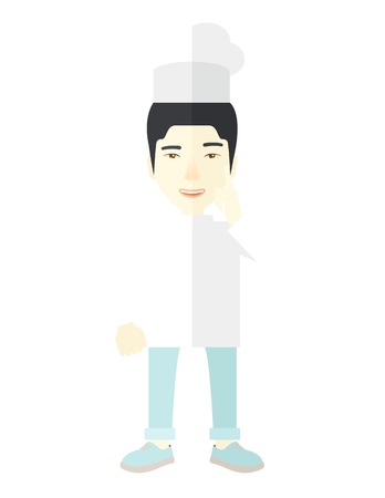 A cheerful asian chief-cooker in uniform with finger up vector flat design illustration isolated on white background. Vertical poster layout.のイラスト素材