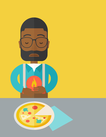 A sick african-american man with heartburn due to pizza holding hands on his stomach vector flat design illustration. Vertical layout with a text space.のイラスト素材