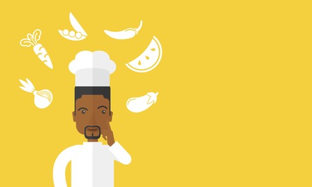 A cheerful african-american chief-cooker in uniform with finger up and vegetables flying in air vector flat design illustration. Horizontal layout with a text space.のイラスト素材