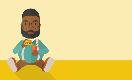 An african-american fat man with beard sitting on the floor while eating hamburger and drinking soda vector flat design illustration. Horizontal layout with a text space.のイラスト素材