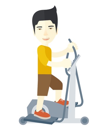 An asian man exercising on a elliptical machine vector flat design illustration isolated on white background. Vertical layout.のイラスト素材