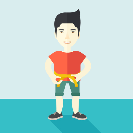 A happy asian man measures his waist vector flat design illustration. Sport concept. Square layout.のイラスト素材