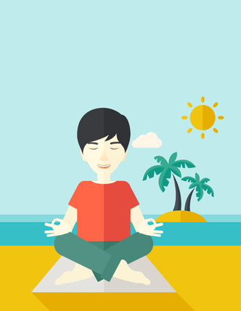 An asian man meditating in lotus pose on the beach vector flat design illustration. Vertical layout with a text space.のイラスト素材