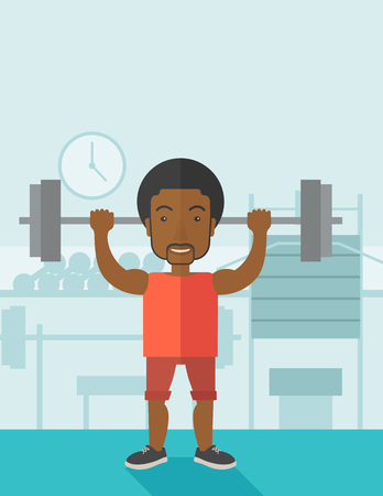An african-american man lifting a barbell inside the gym vector flat design illustration. Sport concept. Vertical layout with a text space.のイラスト素材