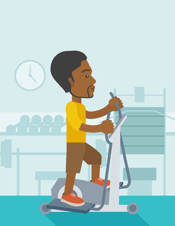 An african-american man exercising on a elliptical machine in the gym vector flat design illustration. Vertical layout with a text space.のイラスト素材