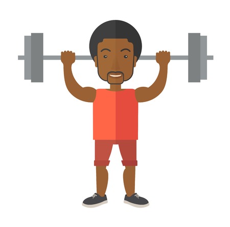 An african-american man lifting a barbell vector flat design illustration isolated on white background. Sport concept. Square layout.のイラスト素材