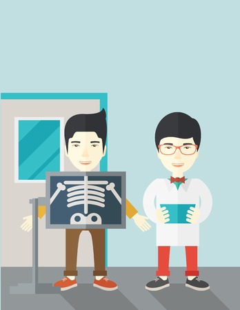 An asian patient with x-ray screen showing his skeleton and doctor holding a radiograph vector flat design illustration. Vertical layout with a text space.のイラスト素材