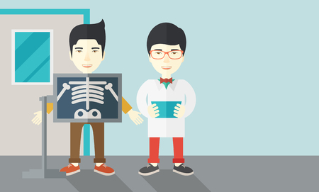 An asian patient with x-ray screen showing his skeleton and doctor holding a radiograph vector flat design illustration. Horizontal layout with a text space.のイラスト素材