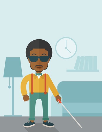 An african-american blind man in dark glasses standing with walking stick inside the house vector flat design illustration. Vertical poster layout with a text space.のイラスト素材