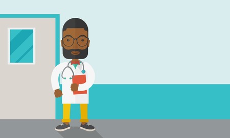 A happy african-american doctor in glasses standing and holding a notepad vector flat design illustration isolated on white background. Horizontal layout with a text space for a social media post.のイラスト素材