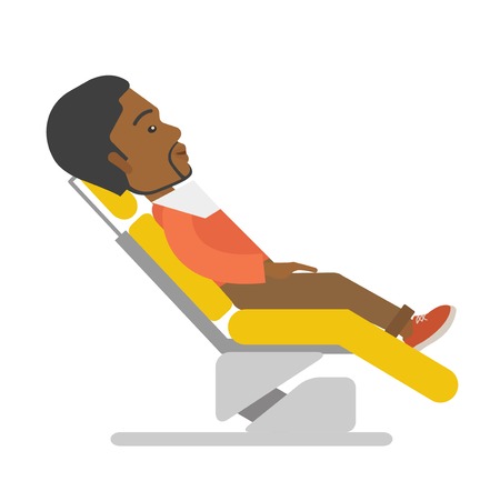 An african-american patient sitting in the dental chair vector flat design illustration isolated on white background. Square layout.のイラスト素材