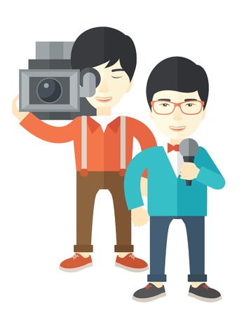 An asian cameraman filming a reporter vector flat design illustration isolated on white background. Vertical layout.のイラスト素材
