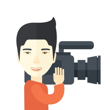 An asian cameraman with video camera taking a video vector flat design illustration  isolated on white background. Square layout.のイラスト素材