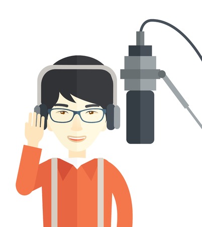 Cheerful asian radio DJ wearing glasses with headphone and microphone vector flat design illustration isolated on white background. Vertical layout.のイラスト素材