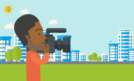 An african-american hipster cameraman with video camera taking a video with buildings around vector flat design illustration. Horizontal layout with a text space.のイラスト素材
